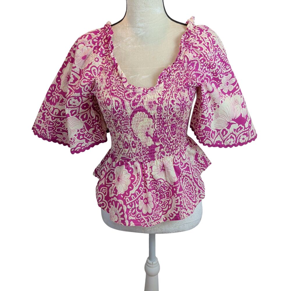 Umgee Women's Sz M Pink Purple Paisley Smocked Blouse Peplum Flare Sleeves